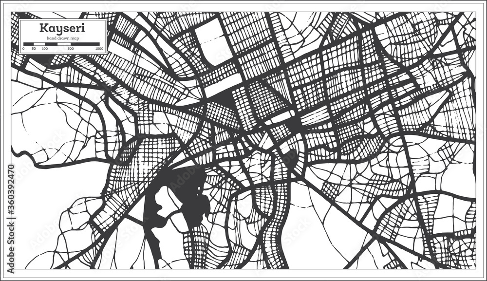Kayseri Turkey City Map in Black and White Color in Retro Style. Outline Map.