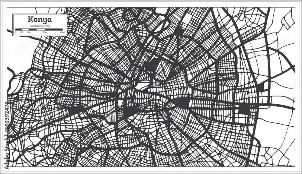 Konya Turkey City Map in Black and White Color in Retro Style. Outline Map.