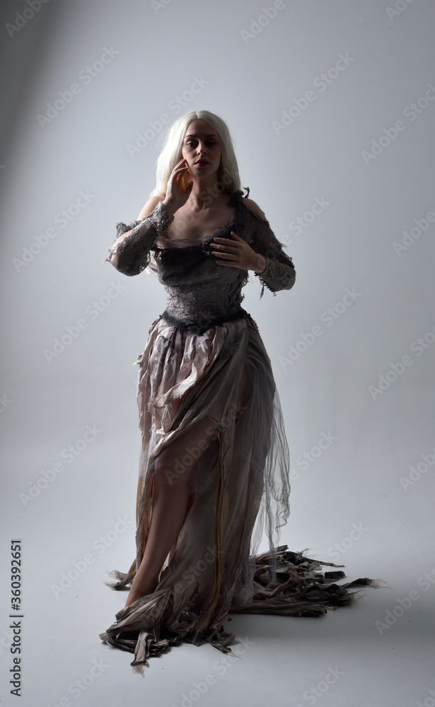 Fototapeta premium full length portrait of girl wearing old torn wedding dress. standing pose with rim lighting on a grey studio background.
