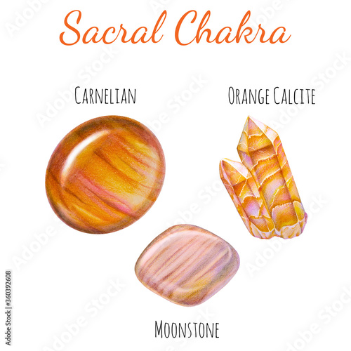 Sacral Chakra stones set. Close up illustration of gems drawn by hand with colored pencils. photo