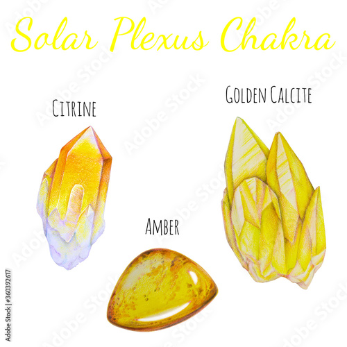 Solar plexus chakra stones set. Close up illustration of gems drawn by hand with colored pencils. Healing crystals. photo