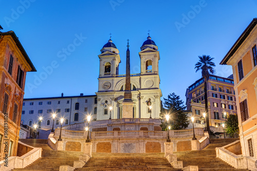 The Trinita dei Monti church and the famous Spanish Steps in Rome at dawn