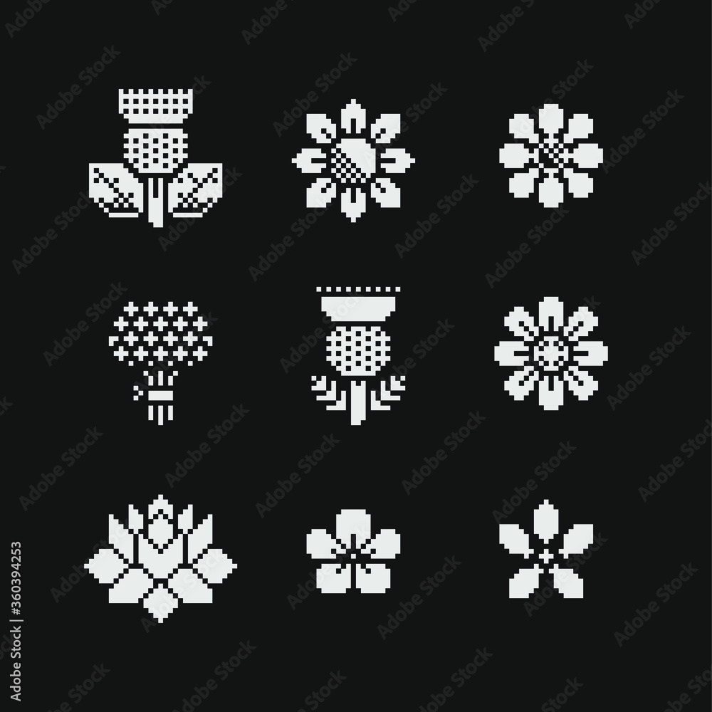 Flowers 1-bit pixel art icons set, plants, sunflower, thistle, lotus, element for the design of the greeting card International Women's Day, logo, web, isolated vector illustration. Flowers 1-bit pixel art icons set, plants, sunflower, thistle, lotus, element for the design of the greeting card International Women's Day, logo, web, isolated vector illustration.