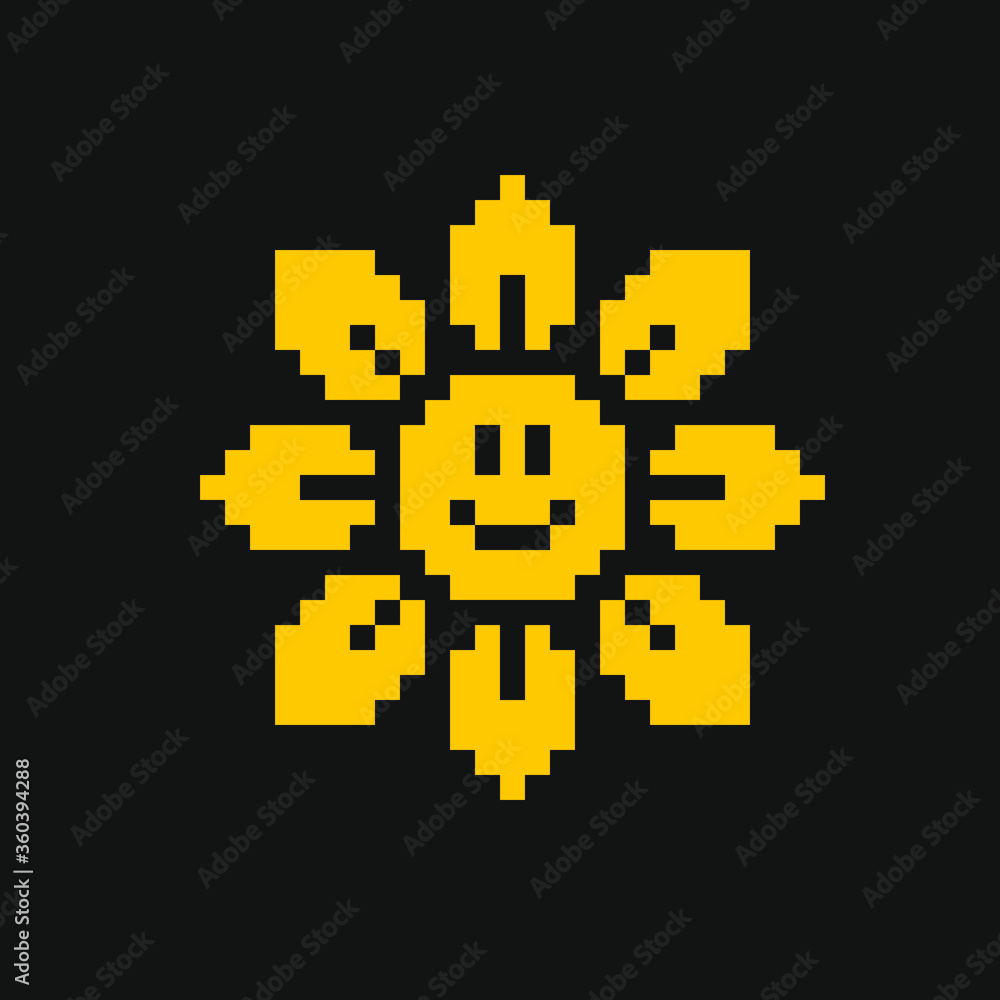 Obraz premium Yellow flower pixel art icon, isolated vector illustration. Game assets 1-bit sprite. Design stickers, logo, mobile app, embroidery.