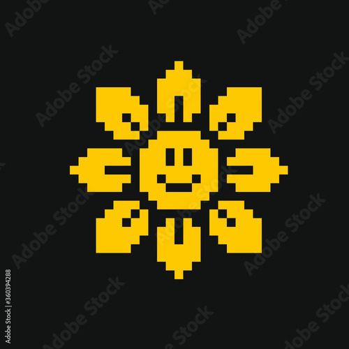 Yellow flower pixel art icon, isolated vector illustration. Game assets 1-bit sprite. Design stickers, logo, mobile app, embroidery.