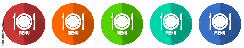 Menu icon set, red, blue, green and orange flat design web buttons isolated on white background, vector illustration Menu icon set, red, blue, green and orange flat design web buttons isolated on white background, vector illustration