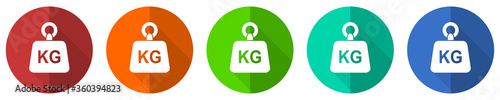 Weight, kg, kilogram icon set, red, blue, green and orange flat design web buttons isolated on white background, vector illustration