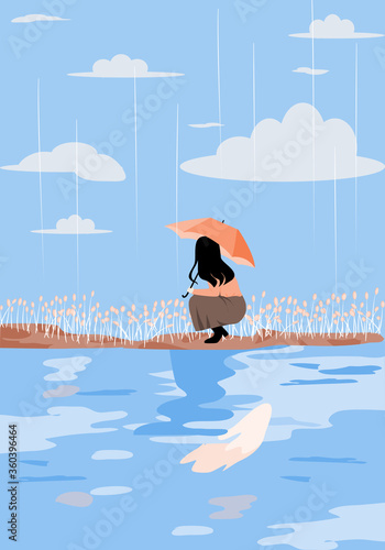 Cute lonely girl  cartoon character vector hold orange umbrella sitting on waterfront reflex her shadow on the river. Blue sky blue river.