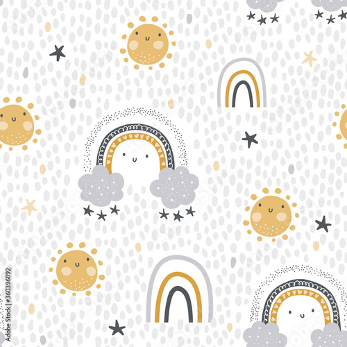 Cute , childish seamless vector pattern for baby textile. Nursery decor, prints, in abstract scandinavian style. Hand drawn rainbow, sun, stars and polka dots background. Pastel, tender colors. 
