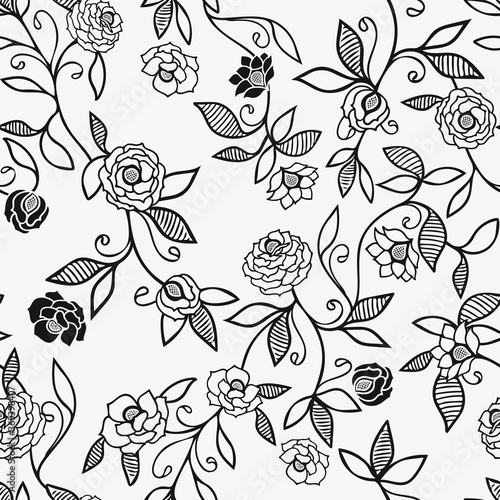 Black and white folk roses seamless floral pattern vector background for fabric, wallpaper, scrapbooking projects or backgrounds.