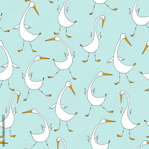 Cute geese seamless pattern, cartoon hand drawn Geese doodles vector background Illustration. Funny print for clothes child..