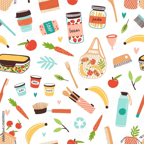 Colorful Zero Waste durable and reusable goods and vegan food seamless pattern. Eco friendly items or products vector flat illustration. Different elements of ecology consumption principle