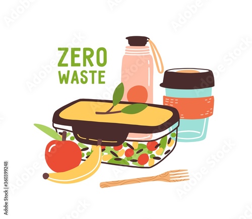 Colorful Zero Waste lunch vector flat illustration. Eco friendly durable and reusable items - thermo mug, vacuum flask, lunch box, vegan food and wooden fork isolated on white background