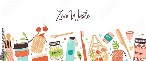 Colorful background with Zero Waste durable and reusable items or products. Elements of eco friendly, no plastic and go green style vector flat illustration. Goods with design elements isolated photo