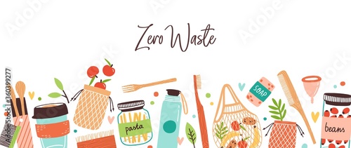 Colorful background with Zero Waste durable and reusable items or products. Elements of eco friendly, no plastic and go green style vector flat illustration. Goods with design elements isolated