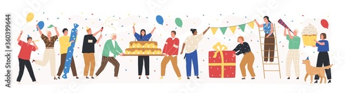 Collection of joyful people celebrating holiday vector flat illustration. Set of happy man and woman at birthday party with confetti, cake and gifts isolated on white. Festive friends at event