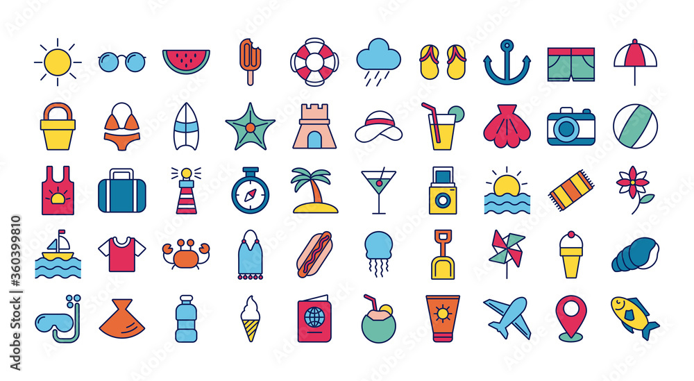 bundle of summer vacations set icons bundle of summer vacations set icons