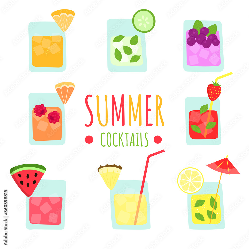 Fresh summer tropical fruit smoothies.Funny cocktails pineapple, strawberry, watermelon, grapefruit, lemon, cucumber. Summer bar on the beach. Cartoon handmade vector illustration. Fresh summer tropical fruit smoothies.Funny cocktails pineapple, strawberry, watermelon, grapefruit, lemon, cucumber. Summer bar on the beach. Cartoon handmade vector illustration.
