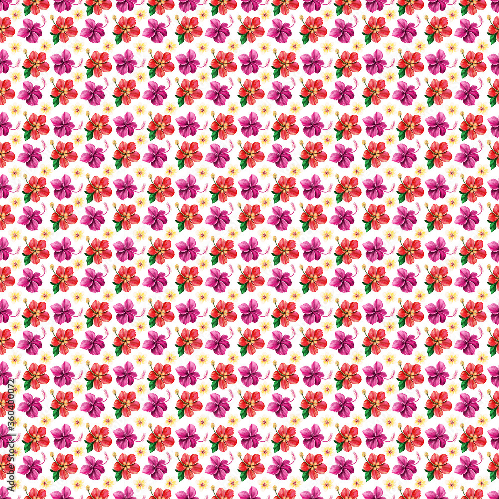 Red Hibiscus Floral digital Seamless pattern on white background. Summer tropical fabric and textile design. Hand drawn illustration