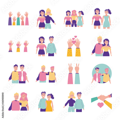 happy friendship day celebration with people and icons set