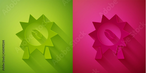 Paper cut Medal for coffee icon isolated on green and pink background. Premium quality coffee badge. Paper art style. Vector Illustration.