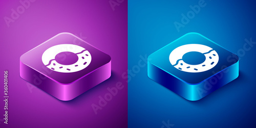 Isometric Donut with sweet glaze icon isolated on blue and purple background. Square button. Vector Illustration.