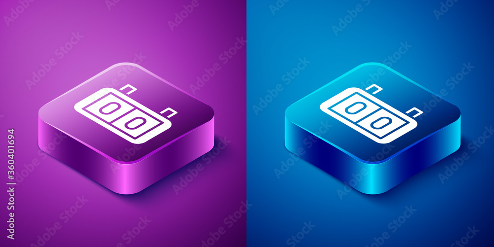Isometric Sport mechanical scoreboard and result display icon isolated on blue and purple background. Square button. Vector Illustration. Isometric Sport mechanical scoreboard and result display icon isolated on blue and purple background. Square button. Vector Illustration.