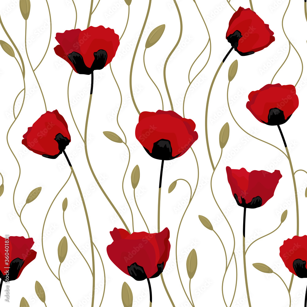Fototapeta Poppy flowers seamless pattern for textile, wallpaper, wrapping, cards design. Abstract vector illustration on white background.