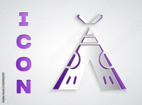 Paper cut Traditional indian teepee or wigwam icon isolated on grey background. Indian tent. Paper art style. Vector Illustration.