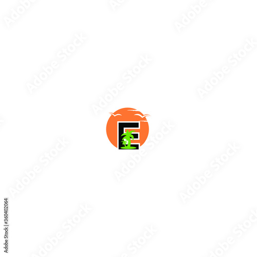 Letter E Logo Icon With Beach and Palm Tree sport, Tour and Travel. Initial E with sea wave and palm tree. 