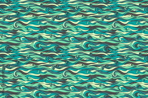 Sea wave pattern. Abstract vector sea water seamless texture. Graphic illustration. Blue stained glass imitation