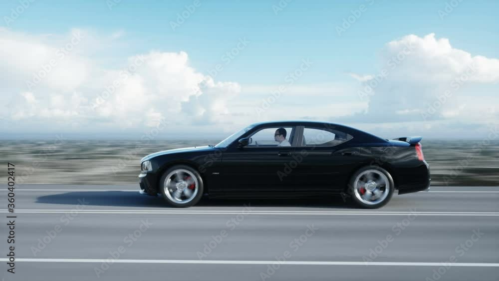 black futuristic electric car on highway in desert. Very fast driving. Concept of future. Realistic 4k animation. black futuristic electric car on highway in desert. Very fast driving. Concept of future. Realistic 4k animation.