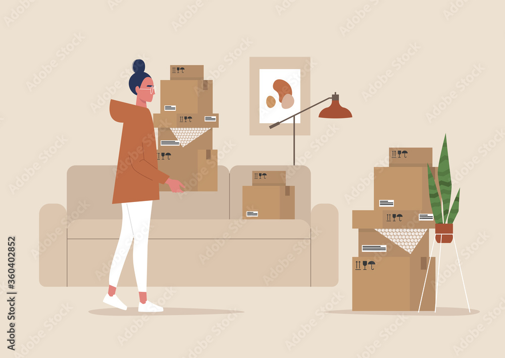 Young female character holding cardboard boxes, moving to a new apartment, relocation, home interior