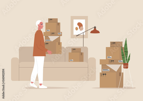 Young male character holding cardboard boxes, moving to a new apartment, relocation, home interior