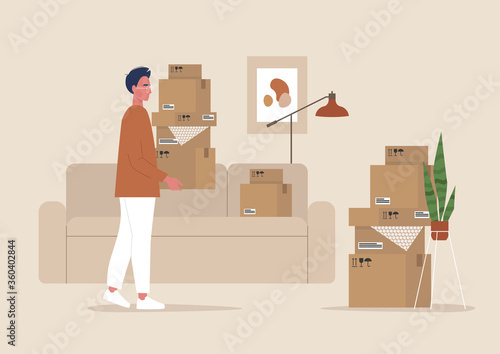 Young male character holding cardboard boxes, moving to a new apartment, relocation, home interior