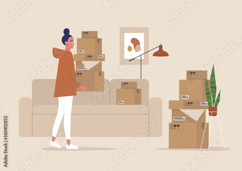Young female character holding cardboard boxes, moving to a new apartment, relocation, home interior