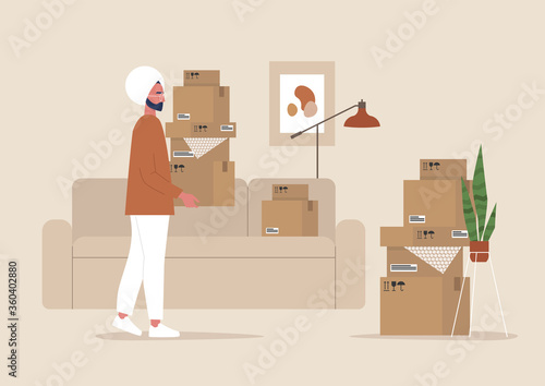 Young indian male character holding cardboard boxes, moving to a new apartment, relocation, home interior