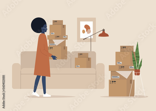 Young black female character holding cardboard boxes, moving to a new apartment, relocation, home interior