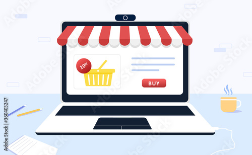 Online shopping. The product catalog on the web browser page. Shopping basket. Modern vector illustration in flat style.
