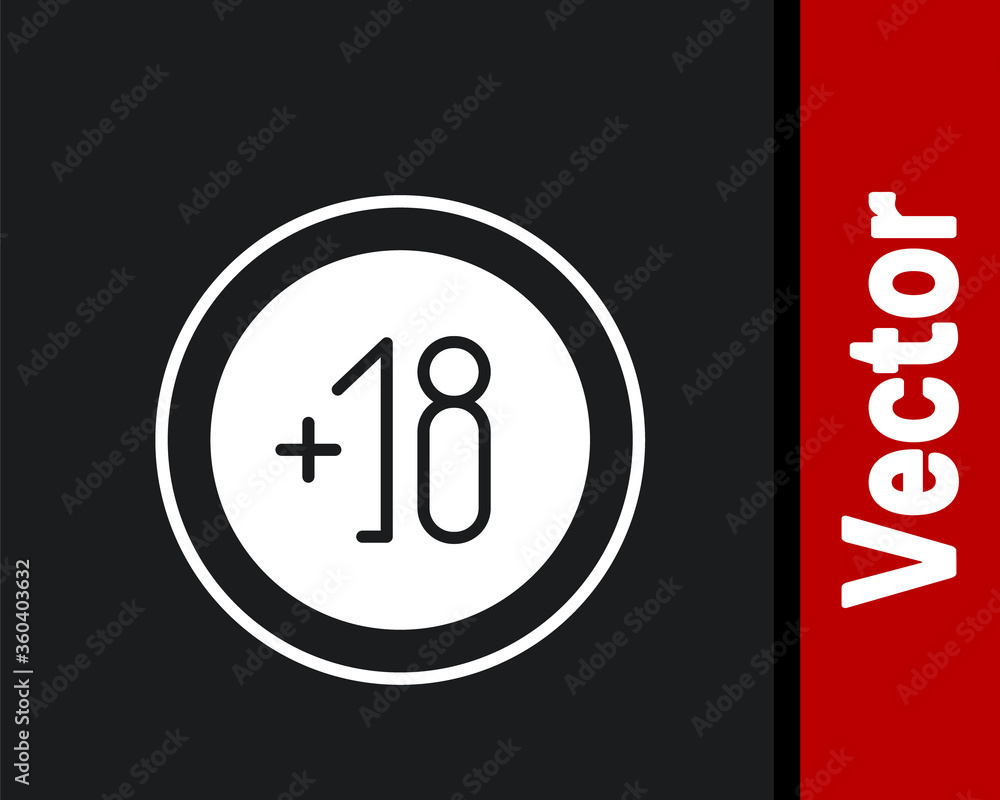 White Alcohol 18 plus icon isolated on black background. Prohibiting alcohol beverages. Vector Illustration. White Alcohol 18 plus icon isolated on black background. Prohibiting alcohol beverages. Vector Illustration.