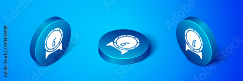 Isometric Wooden barrel on rack with stopcock icon isolated on blue background. Blue circle button. Vector Illustration.