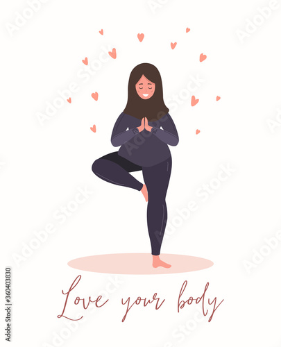 Love yourself. Love your body concept. Take time for your self. Calm arab woman in hijab with hearts on white background. Pastel cute soft colors. Vector illustration. Flat style.