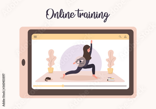 Online yoga and sport at home concept. Doing excercises with a mobile app. Stay healthy and fit during epidemic and quarantine. Vector illustration of arab woman in hijab teaching yoga via internet.