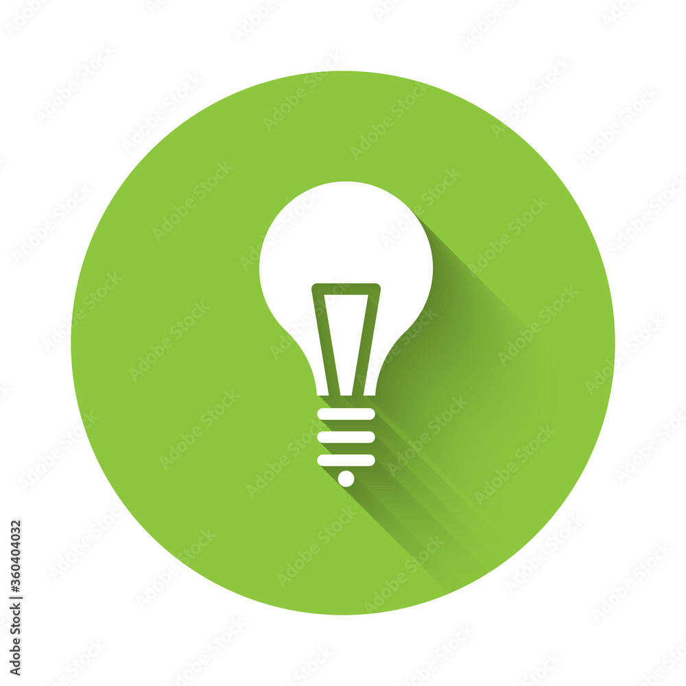 White Light bulb with concept of idea icon isolated with long shadow. Energy and idea symbol. Inspiration concept. Green circle button. Vector Illustration. White Light bulb with concept of idea icon isolated with long shadow. Energy and idea symbol. Inspiration concept. Green circle button. Vector Illustration.