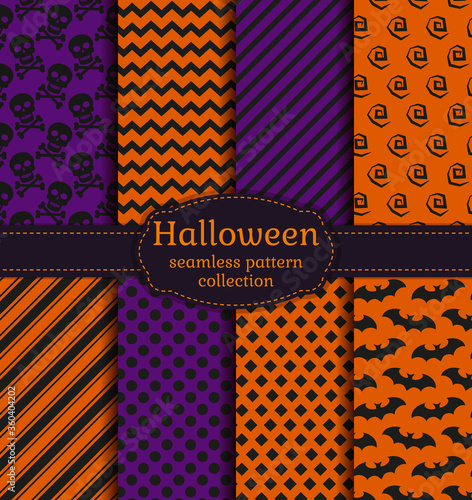 Set of halloween backgrounds. Collection of seamless patterns in the traditional holiday colors. Vector illustration.