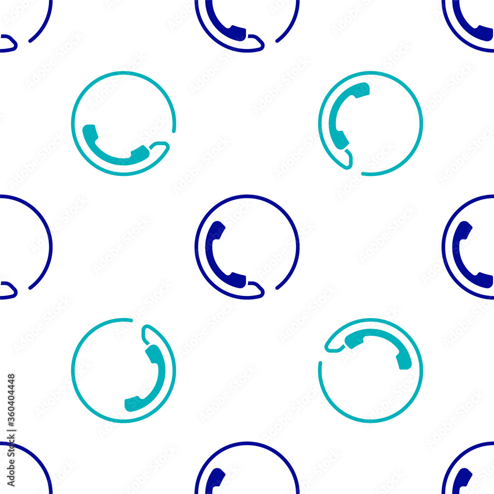 Fototapeta premium Blue Telephone 24 hours support icon isolated seamless pattern on white background. All-day customer support call-center. Full time call services. Vector Illustration.