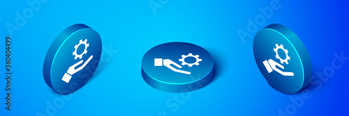Isometric Settings in the hand icon isolated on blue background. Blue circle button. Vector Illustration.