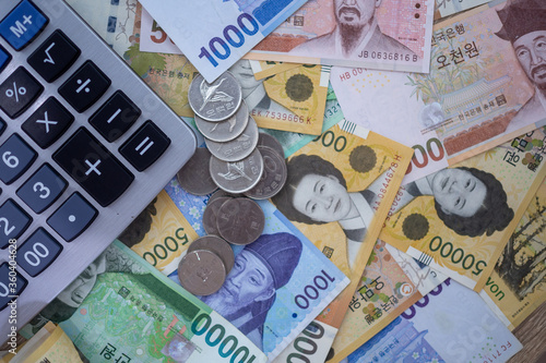 South Korean won and currency money exchange. background of  money. photo