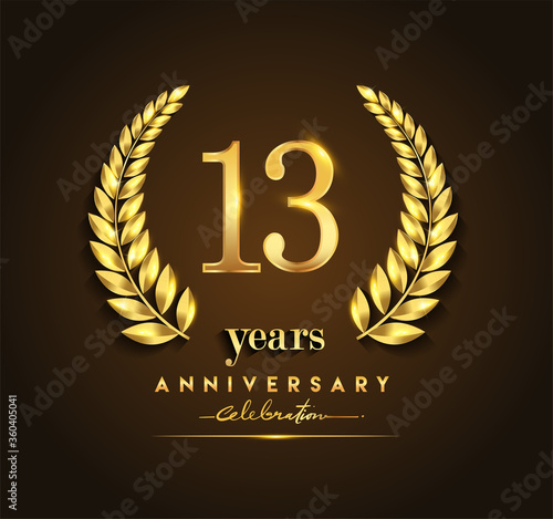 13th gold anniversary celebration logo with golden color and laurel wreath vector design.