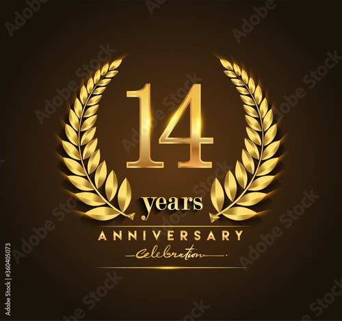 14th gold anniversary celebration logo with golden color and laurel wreath vector design.